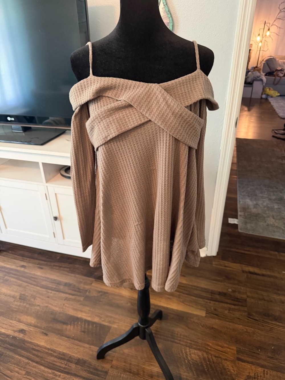 Waffle Knit Off-the-Shoulder Sweater in Beige